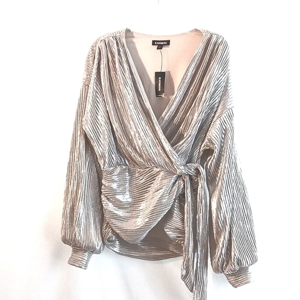 EXPRESS Cocktail Blouse Size XS Silver Shimmer Balloon Sleeves V-Neck Party Top‎